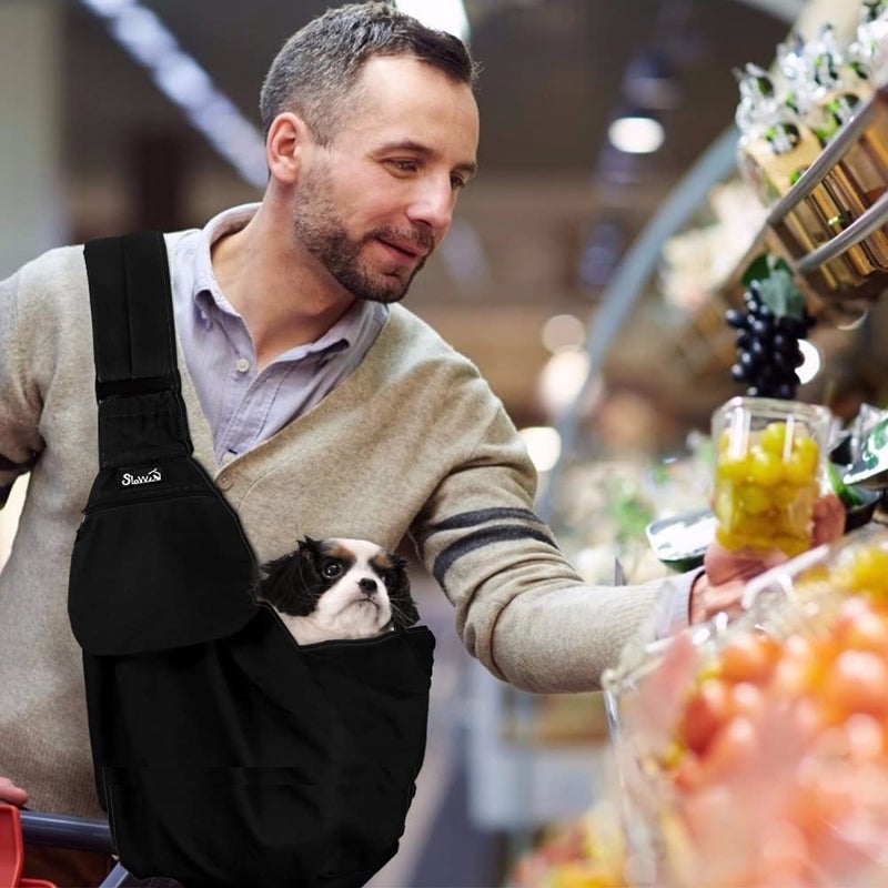 Lukovee Pet Sling, Hand Free Dog Sling Carrier Adjustable Padded Strap Tote Bag Breathable Cotton Shoulder Bag Front Pocket Safety Belt Carrying Small Dog Cat Puppy Machine Washable (Black, M) - Image 2